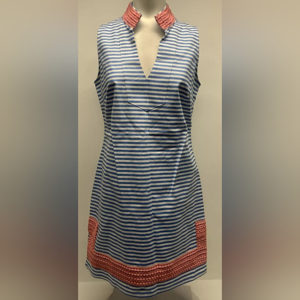 Sold. Sail To Sable Marina Shift Dress Striped Sleeveless Blue & White Small.